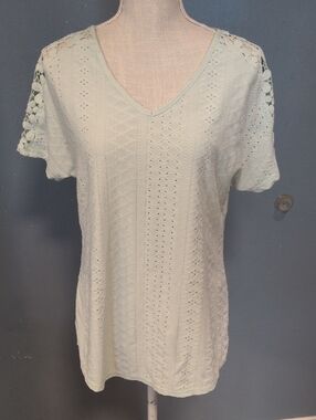 Mod Lily Vneck Flowy Eyelet Floral Lace Short Sleeve Blouse Feminine Spring